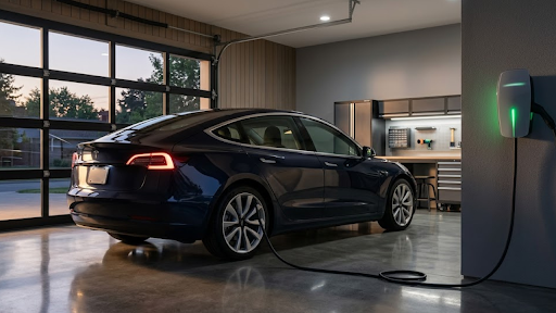 A dark blue electric vehicle plugged into a Level 2 home charger installed in a modern garage