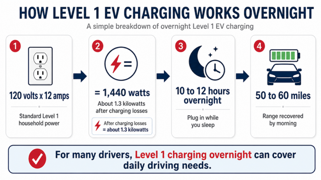 Diagram showing how Level 1 EV charging recovers 50 to 60 miles overnight