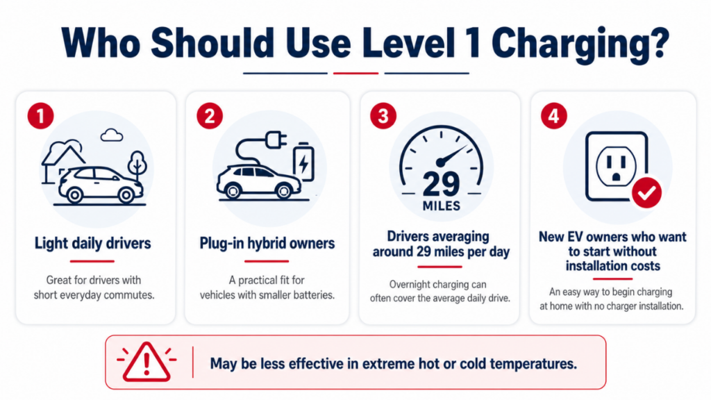 Infographic showing four driver types suited for Level 1 EV charging