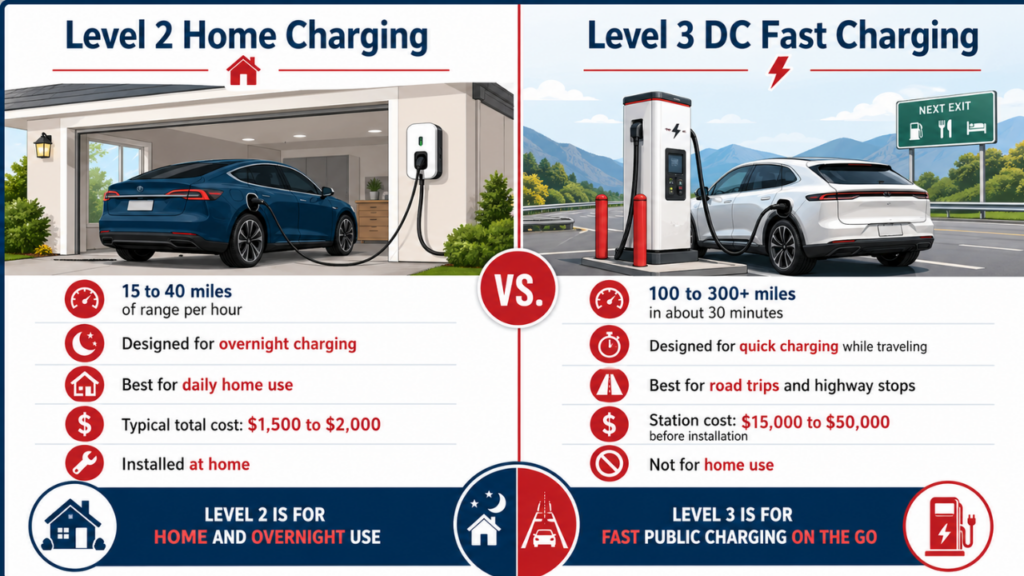 Infographic comparing Level 2 home charging and Level 3 DC fast charging costs and speeds