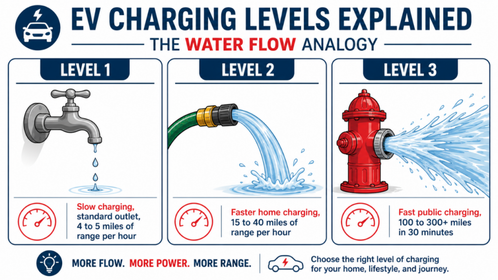 EV charging levels explained using the water flow analogy
