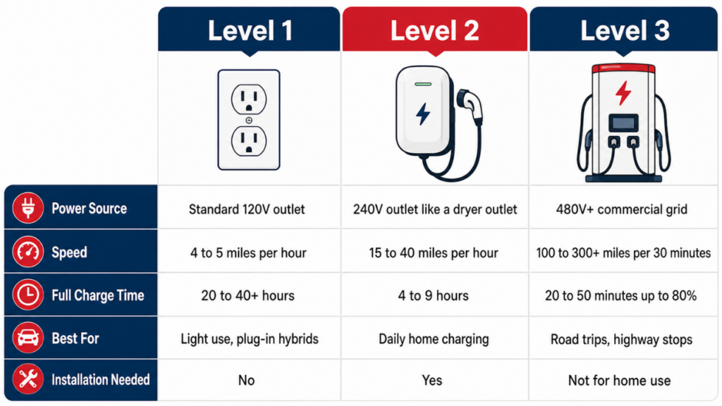 Infographic comparing Level 1, Level 2, and Level 3 EV charger
